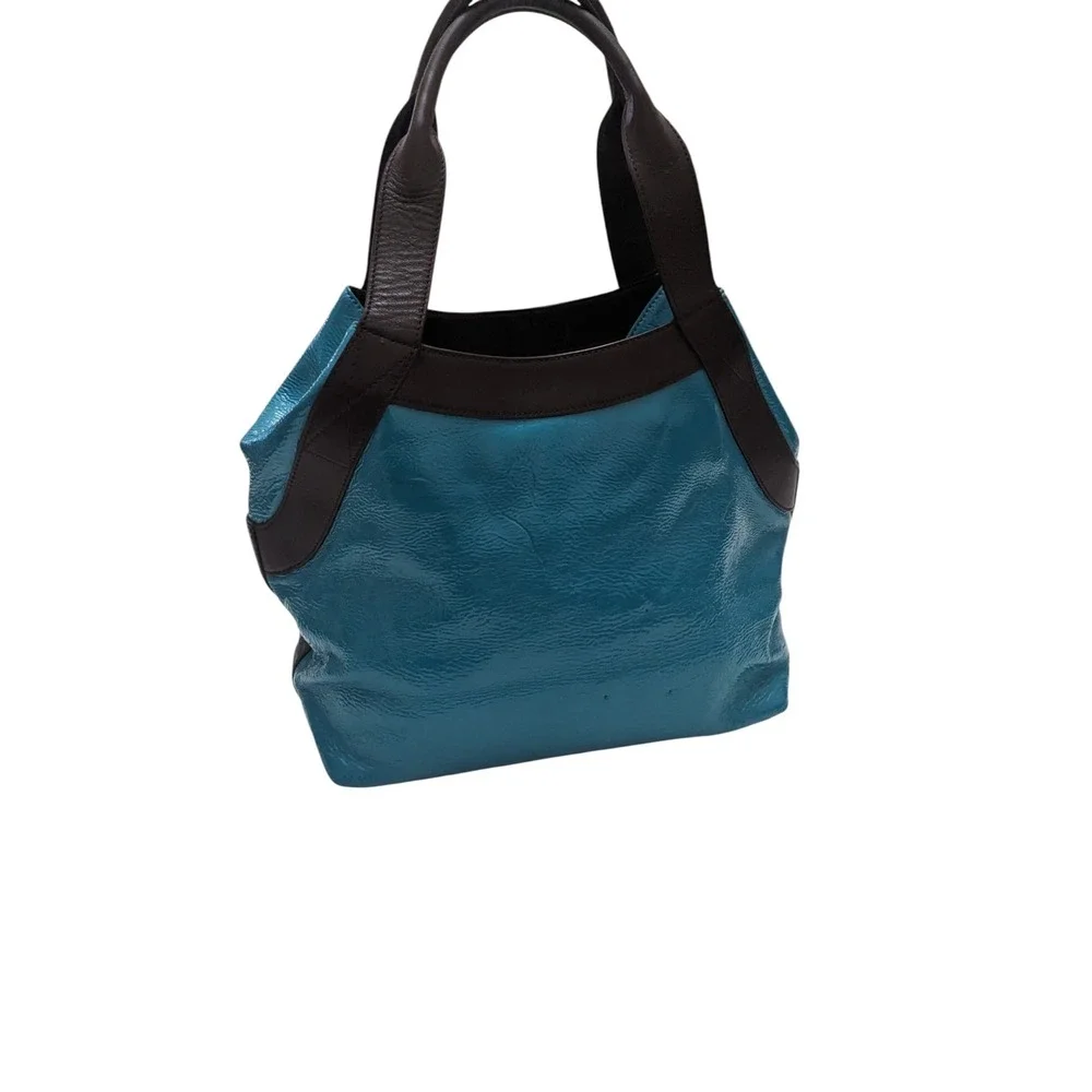 Kate Spade New York Teal Blue Crinkled Patent Leather Brown Trim Tote‎ Bag